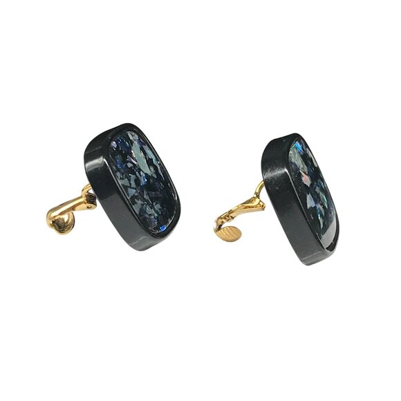 Vintage Black Confetti Lucite Earrings, Square Clip On with Abalone Flakes - Picture 3 of 5